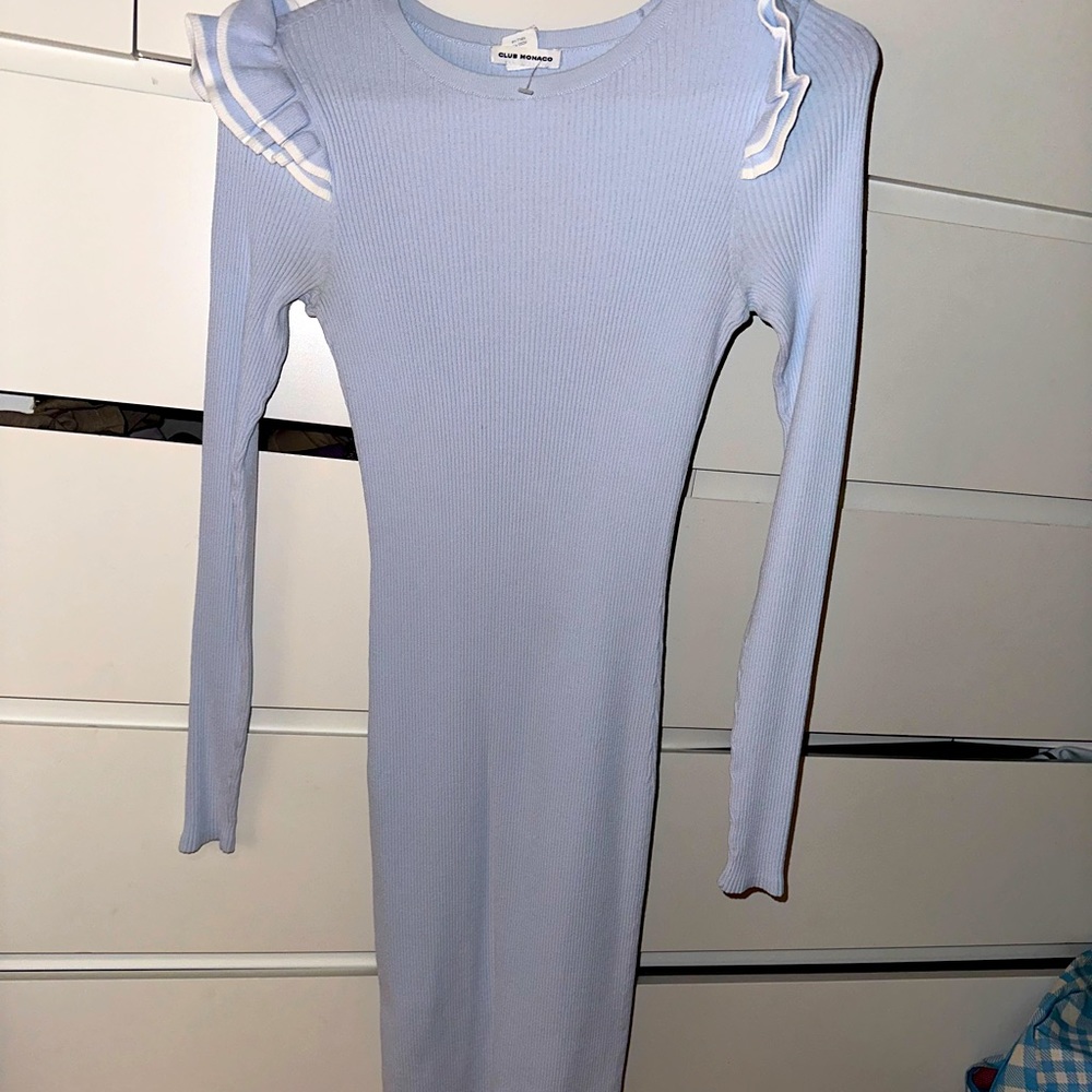 Club Monaco midi bodycon baby blue ribbed dress with ruffle detail